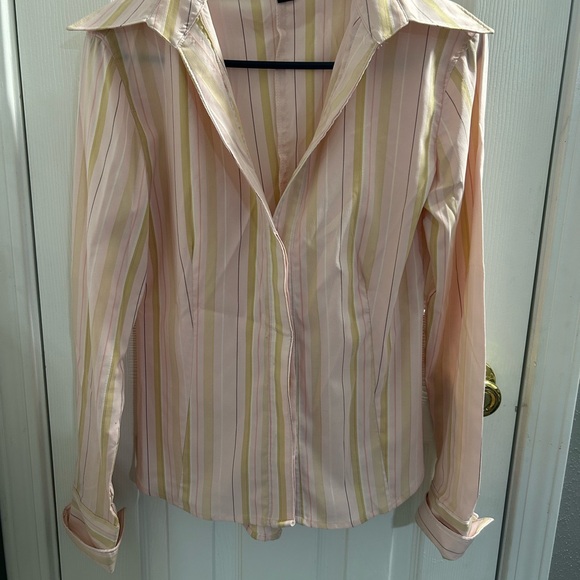 Tops - Finity pink, yellow & beige striped long sleeve blouse with a wide collar